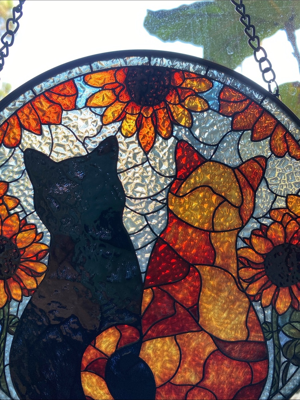 Stained Glass Cat Suncatcher with Sunflowers 8” - Picture 2 of 2